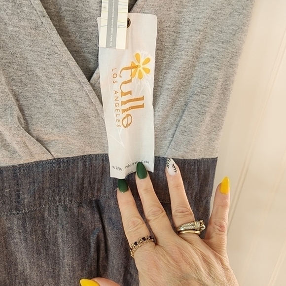 Tulle sleeveless dress low v-neck upper gray cotton, bottom blue chambray NWT - Picture 2 of 10